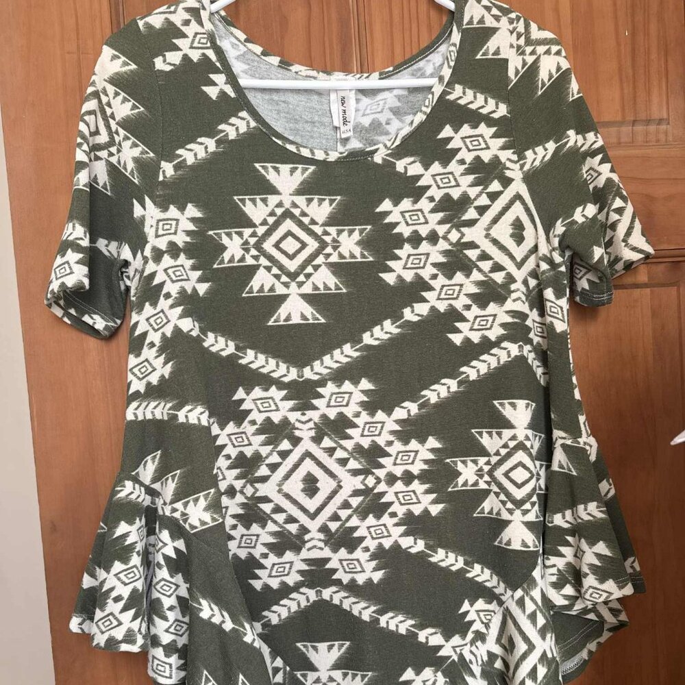 Western Print Green & Cream Blouse - Size Medium